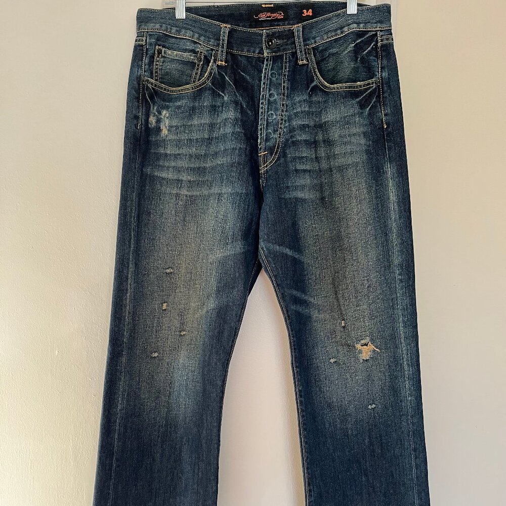 Ed Hardy by Christian Audigier Blue Distressed Button Fly Denim Jeans Men 34x34